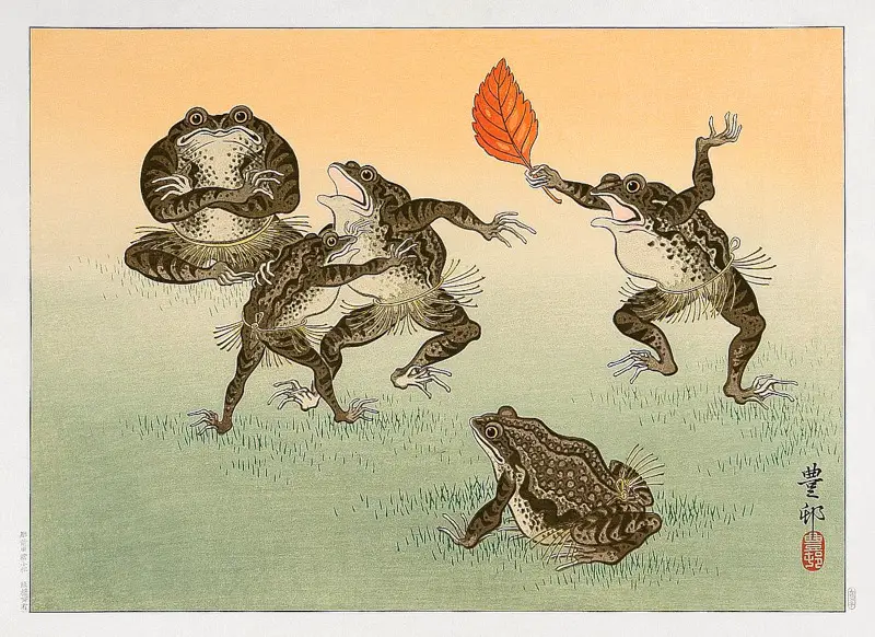 Ohara Koson's Japanese Frog Sumo (1930) woodblock print
